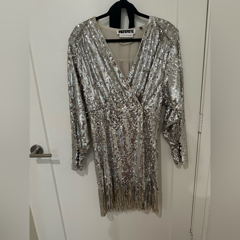 ROTATE Birger Christensen Sliver Sequin Wrap Minidress US 8 - Picture 3 of 13